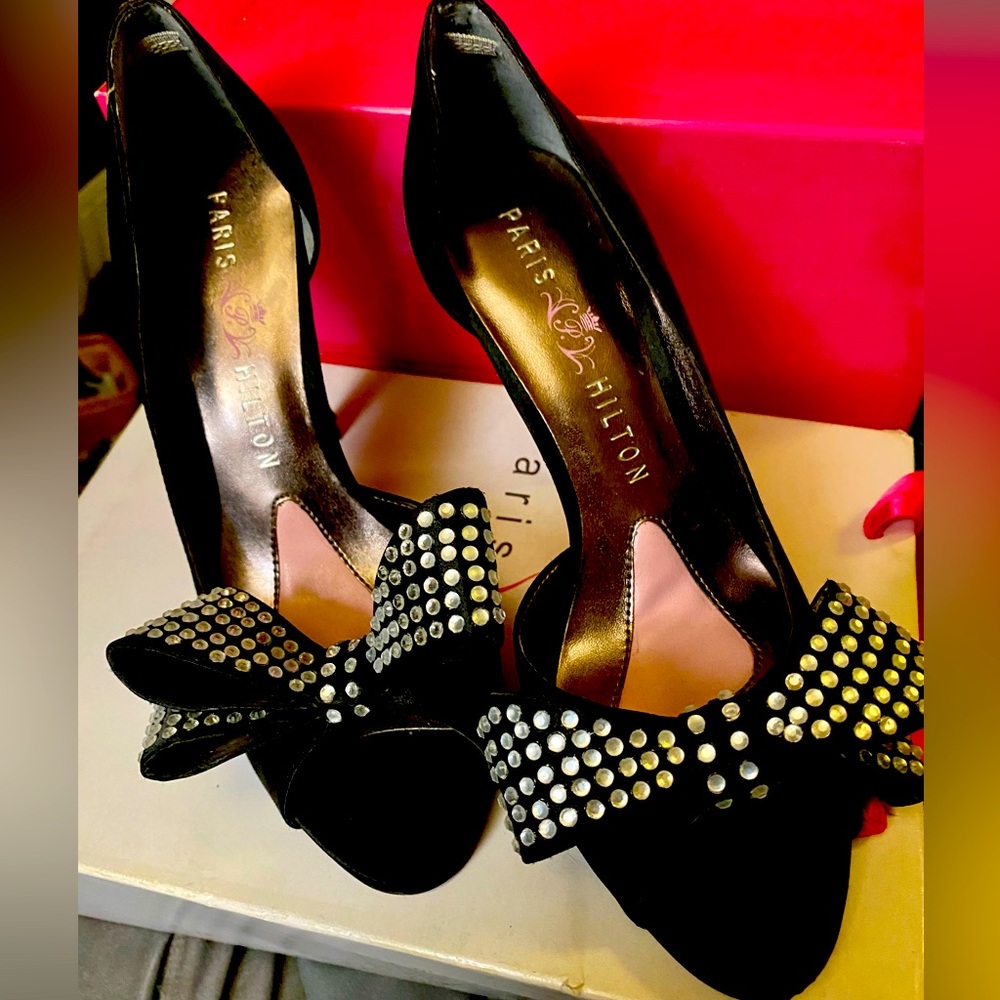 Black satin w/ rhinestone bows Paris Hilton heels